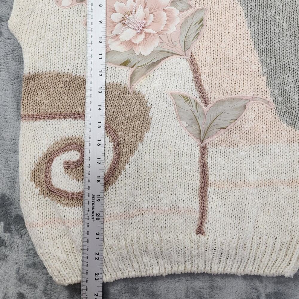 Vintage Erika Sweater Womens S‎ Beige Linen Floral Pearls Beaded Short Sleeve - Picture 7 of 8